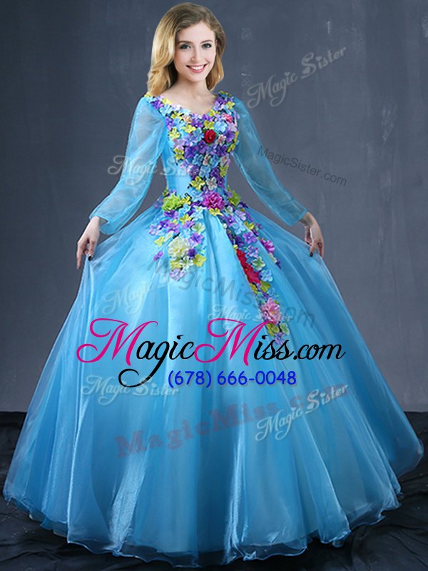 wholesale floor length ball gowns long sleeves baby blue 15 quinceanera dress lace up