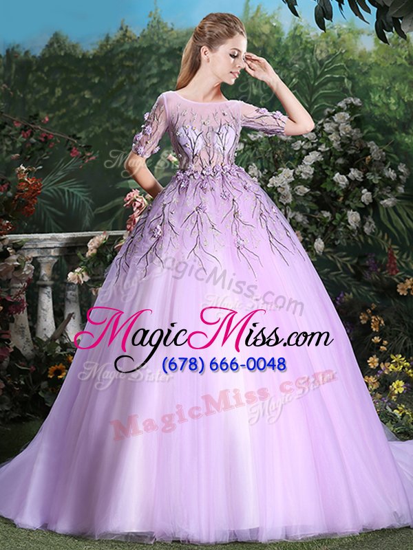 wholesale wonderful scoop lilac short sleeves with train appliques backless sweet 16 quinceanera dress