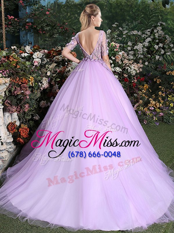 wholesale wonderful scoop lilac short sleeves with train appliques backless sweet 16 quinceanera dress