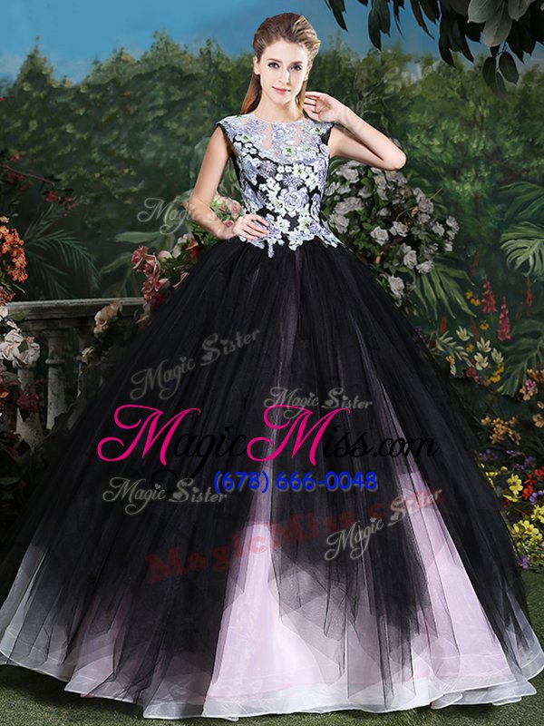 wholesale glittering scoop sleeveless sweet 16 dress floor length appliques and ruffles pink and black tulle