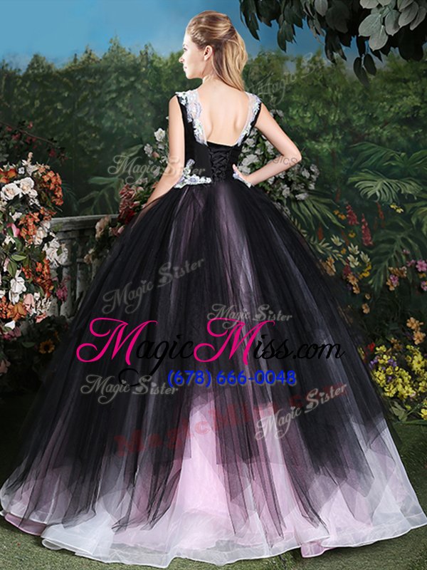 wholesale glittering scoop sleeveless sweet 16 dress floor length appliques and ruffles pink and black tulle