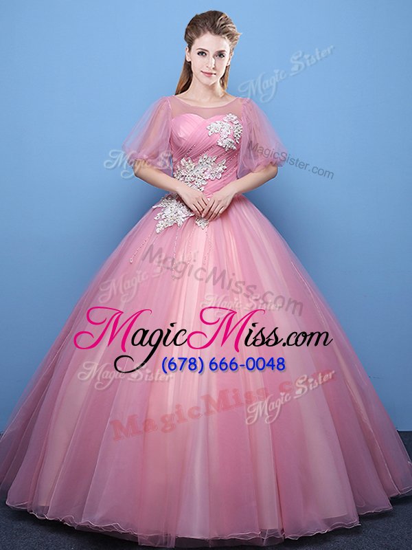 wholesale glorious ball gowns sweet 16 quinceanera dress pink scoop tulle half sleeves floor length lace up
