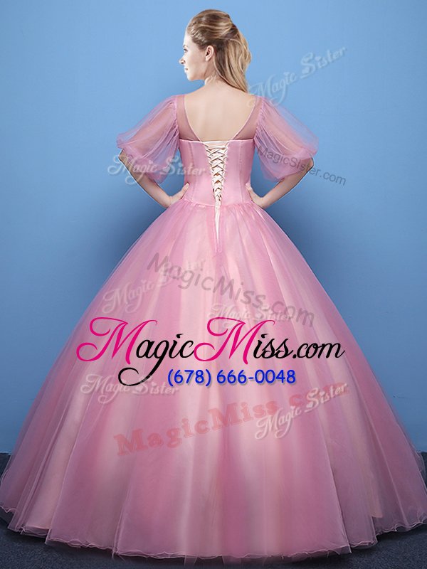 wholesale glorious ball gowns sweet 16 quinceanera dress pink scoop tulle half sleeves floor length lace up
