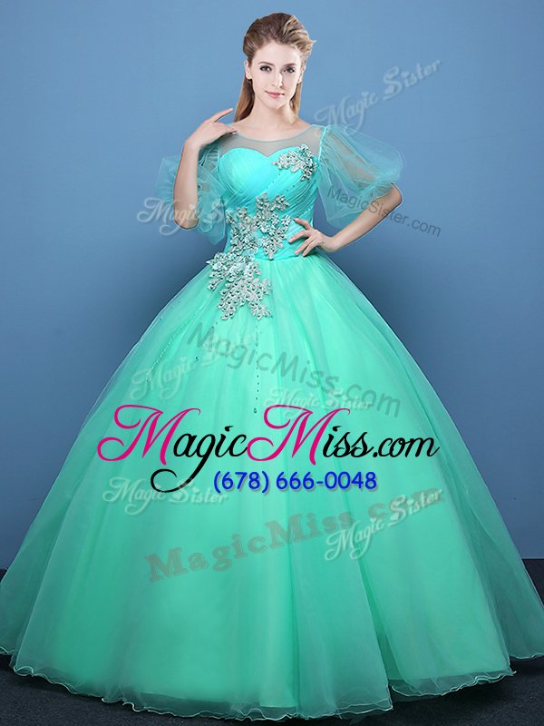 wholesale top selling scoop floor length ball gowns half sleeves turquoise quince ball gowns lace up
