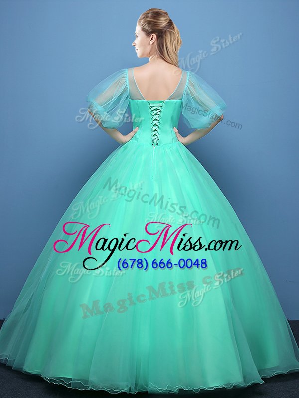 wholesale top selling scoop floor length ball gowns half sleeves turquoise quince ball gowns lace up