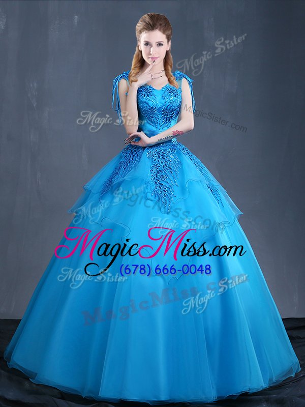 wholesale baby blue v-neck neckline appliques quinceanera gown sleeveless lace up