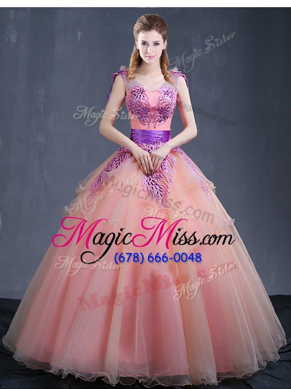 wholesale most popular watermelon red 15th birthday dress military ball and sweet 16 and quinceanera and for with appliques v-neck sleeveless lace up