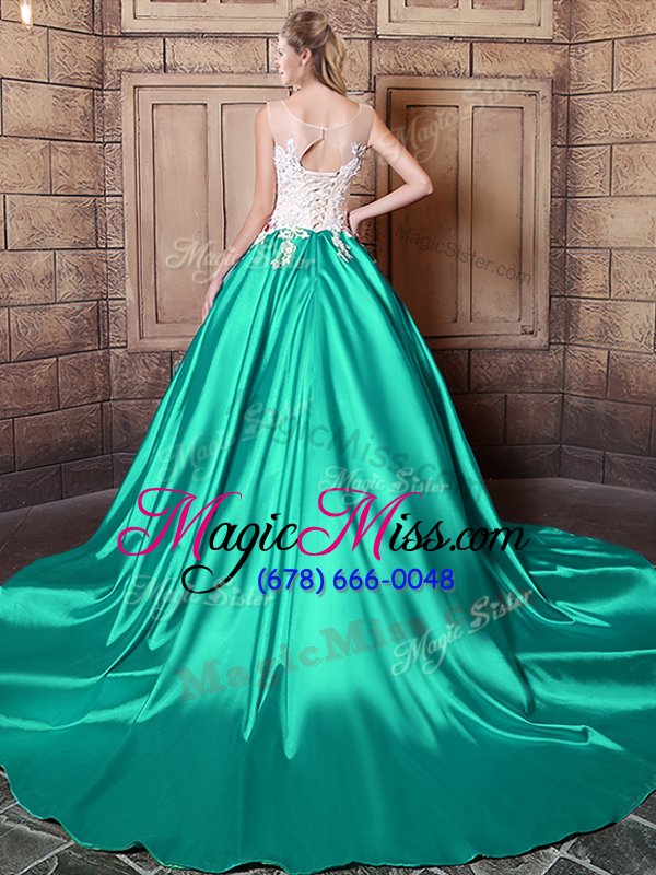 wholesale fancy turquoise elastic woven satin lace up scoop sleeveless with train sweet 16 dress court train lace and appliques