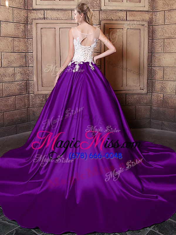 wholesale ideal scoop purple lace up quinceanera gown lace and appliques sleeveless court train