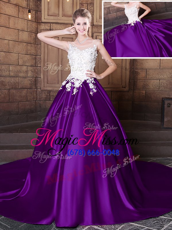 wholesale ideal scoop purple lace up quinceanera gown lace and appliques sleeveless court train