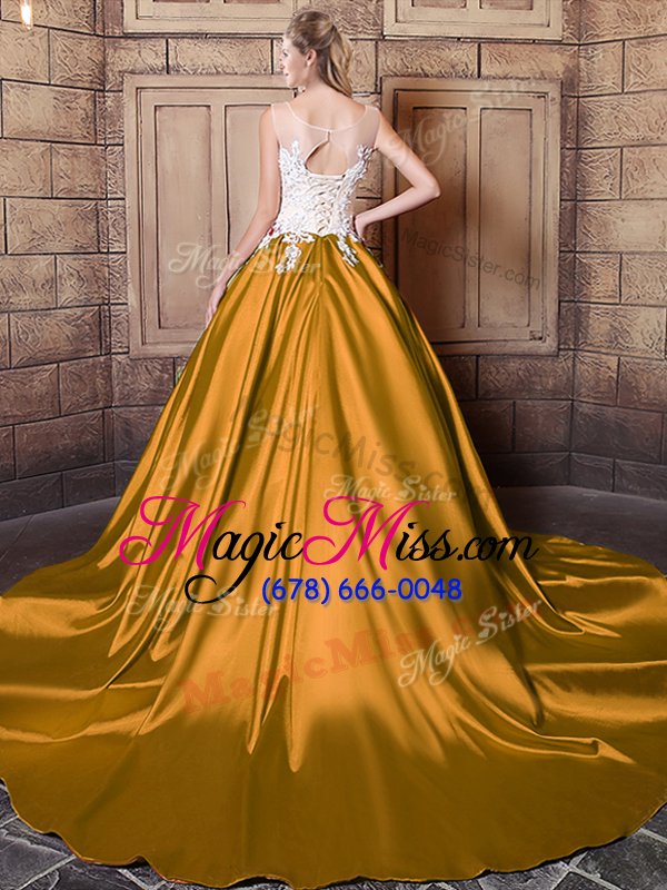 wholesale flare scoop sleeveless court train lace up 15 quinceanera dress gold elastic woven satin