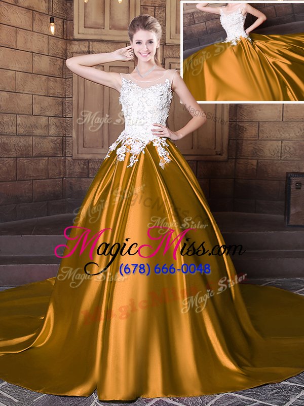 wholesale flare scoop sleeveless court train lace up 15 quinceanera dress gold elastic woven satin