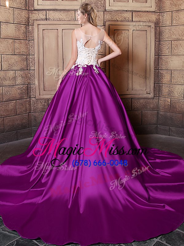 wholesale perfect elastic woven satin scoop sleeveless court train lace up lace and appliques quinceanera gowns in eggplant purple
