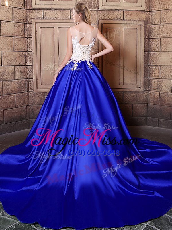 wholesale delicate royal blue ball gowns elastic woven satin scoop sleeveless appliques with train lace up sweet 16 dresses court train