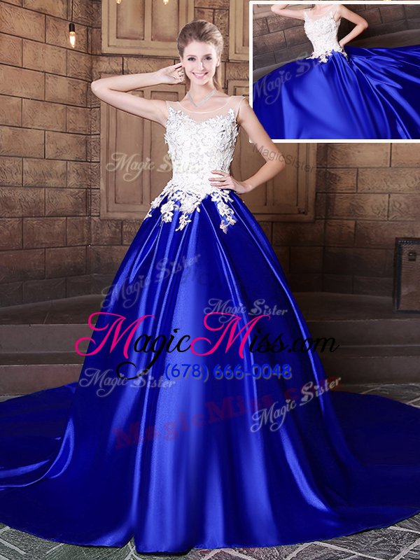 wholesale delicate royal blue ball gowns elastic woven satin scoop sleeveless appliques with train lace up sweet 16 dresses court train