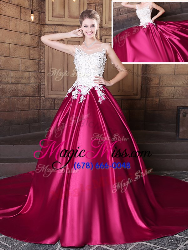 wholesale flare court train ball gowns vestidos de quinceanera hot pink scoop elastic woven satin sleeveless lace up