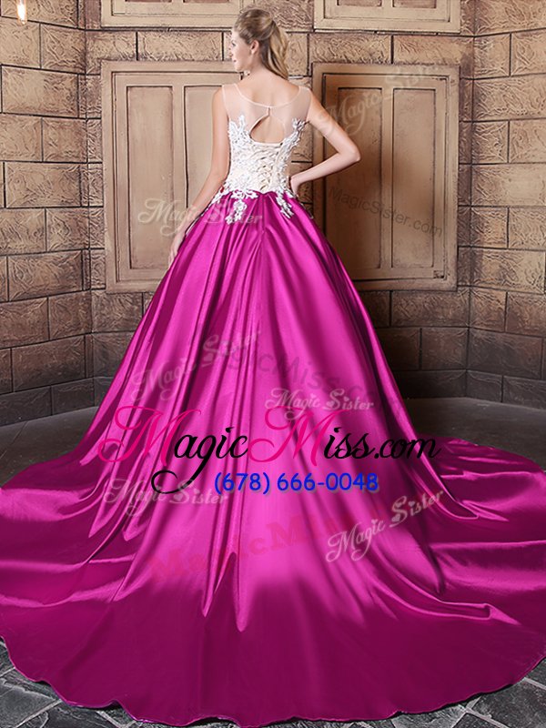 wholesale scoop with train lace up sweet 16 dresses fuchsia and in for military ball and sweet 16 and quinceanera with appliques court train