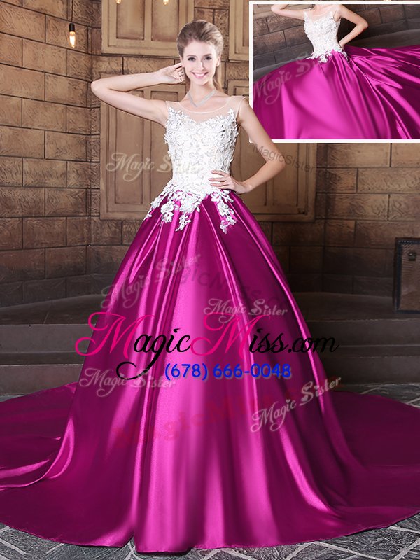 wholesale scoop with train lace up sweet 16 dresses fuchsia and in for military ball and sweet 16 and quinceanera with appliques court train