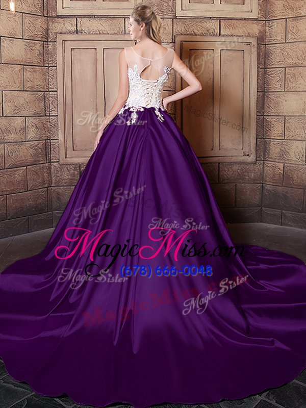 wholesale decent scoop sleeveless elastic woven satin with train court train lace up ball gown prom dress in white and purple for with lace and appliques