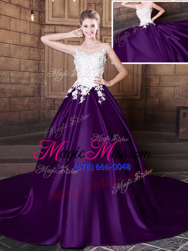 wholesale decent scoop sleeveless elastic woven satin with train court train lace up ball gown prom dress in white and purple for with lace and appliques