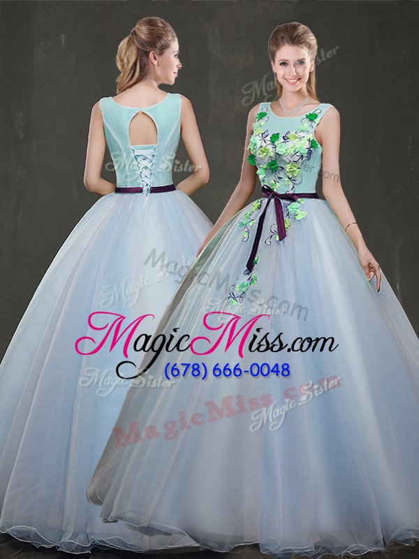 wholesale deluxe scoop light blue organza lace up sweet 16 dress sleeveless floor length appliques