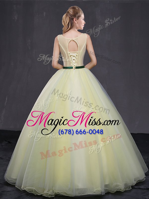 wholesale fine floor length light yellow quince ball gowns scoop sleeveless lace up