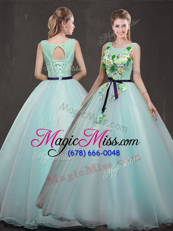 wholesale scoop appliques ball gown prom dress apple green lace up sleeveless floor length