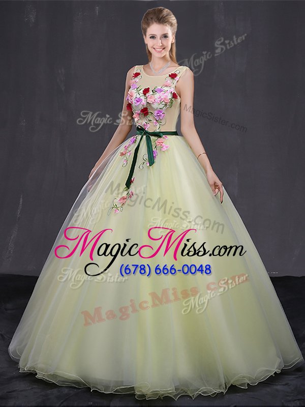 wholesale fine floor length light yellow quince ball gowns scoop sleeveless lace up