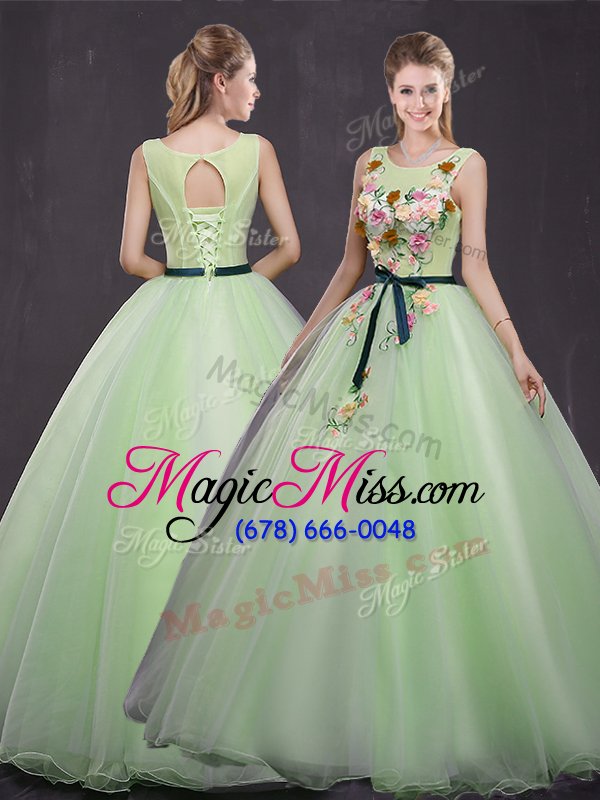 wholesale captivating organza scoop sleeveless lace up appliques vestidos de quinceanera in yellow green