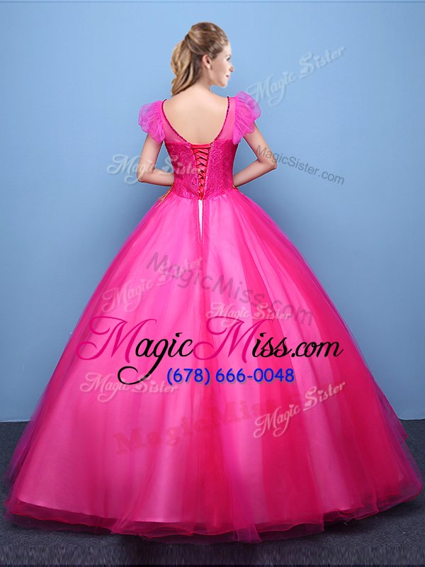 wholesale suitable scoop short sleeves tulle floor length lace up quince ball gowns in hot pink for with appliques