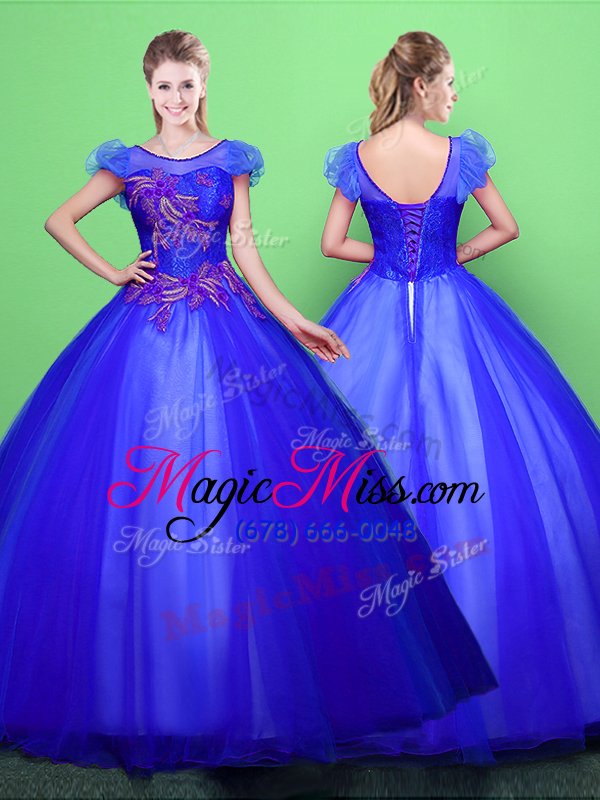 wholesale enchanting scoop floor length blue quinceanera gowns tulle short sleeves appliques