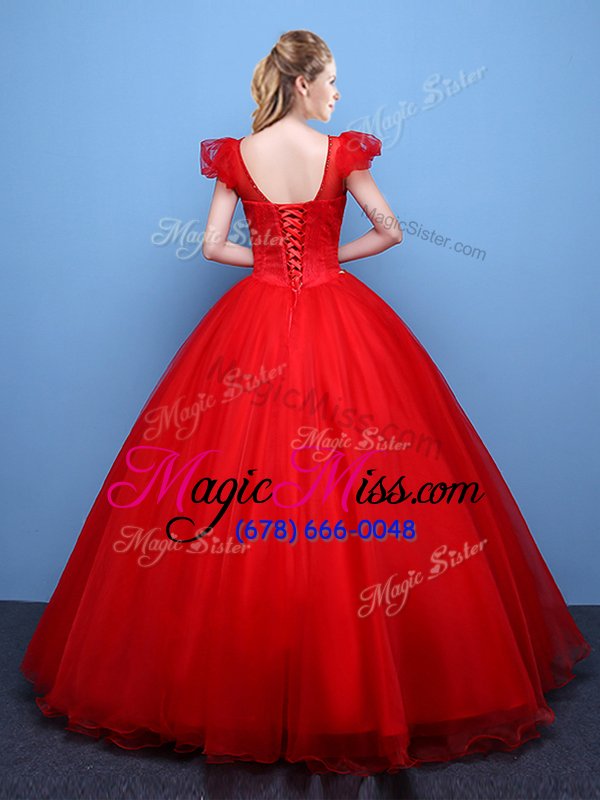 wholesale stylish scoop red ball gowns appliques 15th birthday dress lace up tulle short sleeves floor length