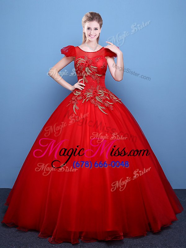 wholesale stylish scoop red ball gowns appliques 15th birthday dress lace up tulle short sleeves floor length