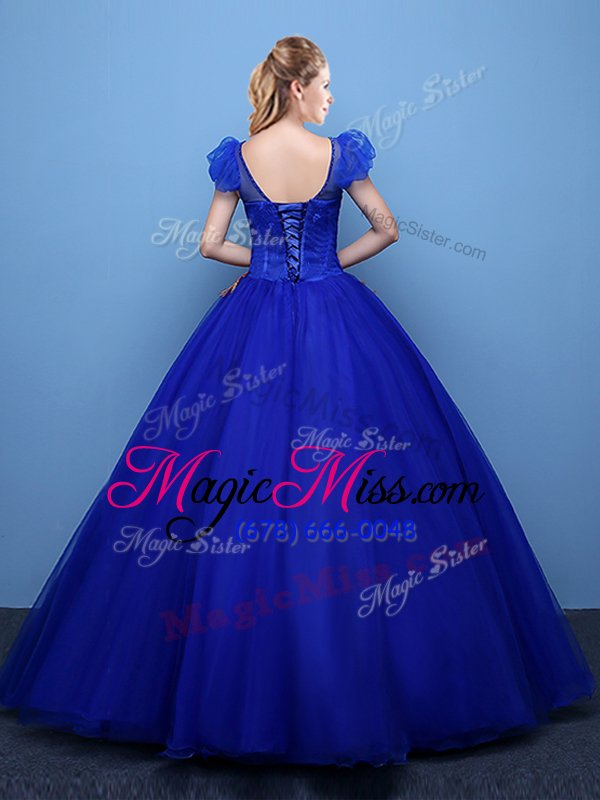 wholesale fancy scoop floor length royal blue quinceanera gown tulle short sleeves appliques