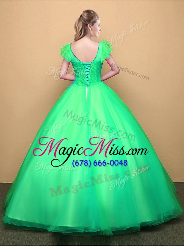 wholesale elegant scoop turquoise tulle lace up 15th birthday dress short sleeves floor length appliques