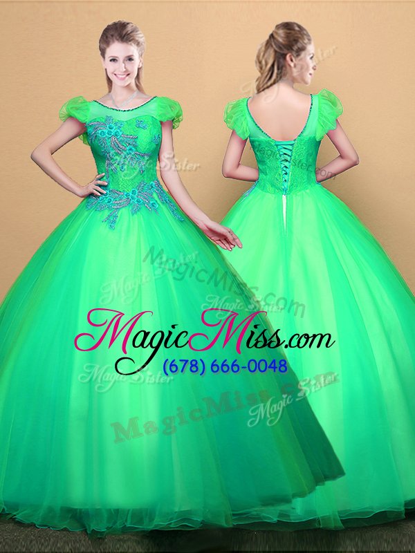 wholesale elegant scoop turquoise tulle lace up 15th birthday dress short sleeves floor length appliques