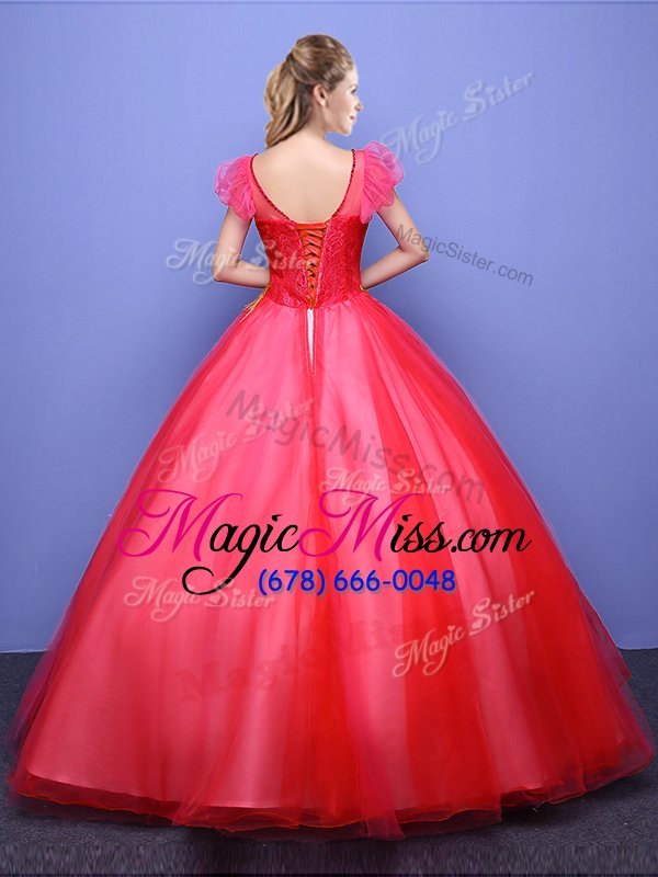 wholesale sumptuous tulle scoop short sleeves lace up appliques sweet 16 quinceanera dress in coral red