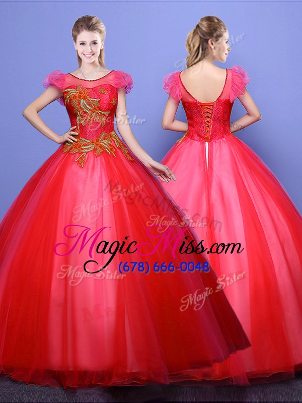wholesale sumptuous tulle scoop short sleeves lace up appliques sweet 16 quinceanera dress in coral red