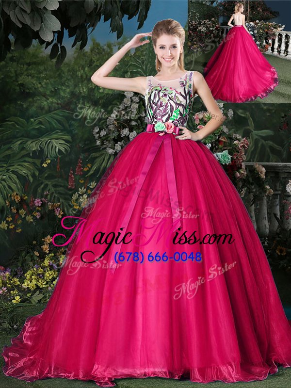 wholesale luxury scoop hot pink sleeveless brush train appliques and belt sweet 16 dress