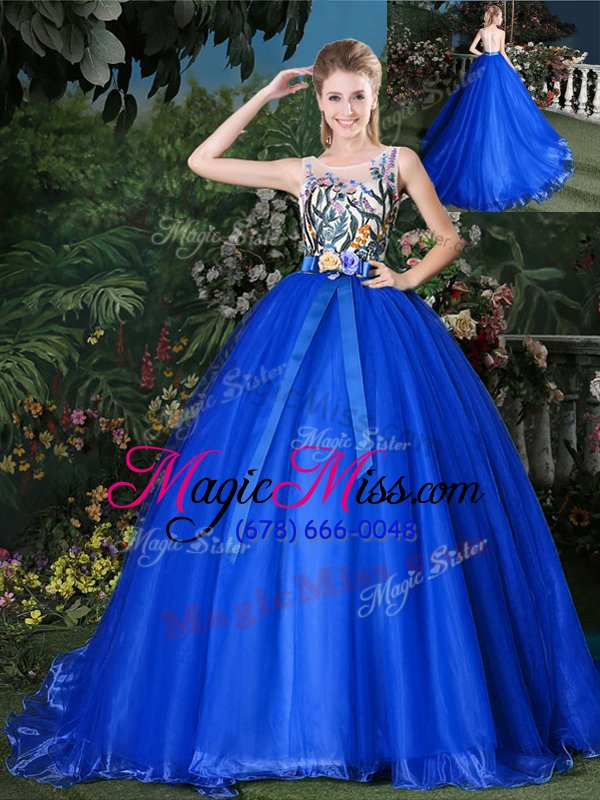 wholesale beautiful scoop royal blue sleeveless appliques and belt zipper quinceanera gown
