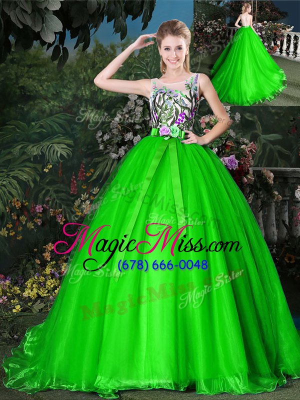 wholesale suitable organza zipper scoop sleeveless ball gown prom dress brush train appliques and belt