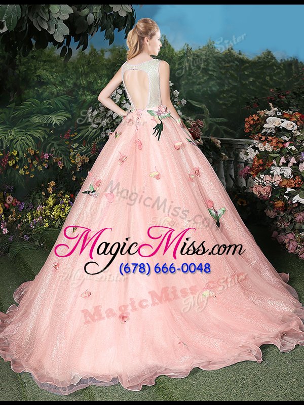 wholesale affordable scoop baby pink sleeveless brush train appliques sweet 16 dress