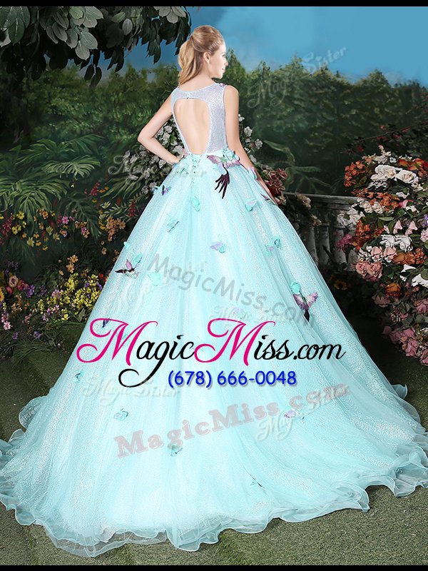 wholesale scoop sleeveless organza brush train lace up sweet 16 dresses in light blue for with appliques