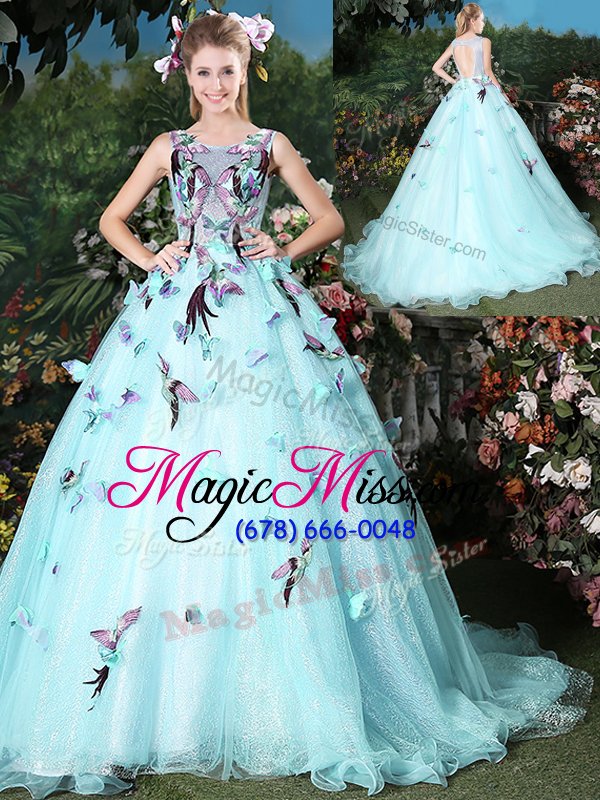 wholesale scoop sleeveless organza brush train lace up sweet 16 dresses in light blue for with appliques