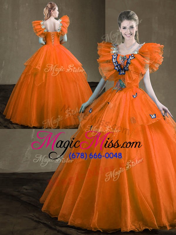 wholesale sleeveless organza floor length lace up quince ball gowns in orange for with appliques and ruffles