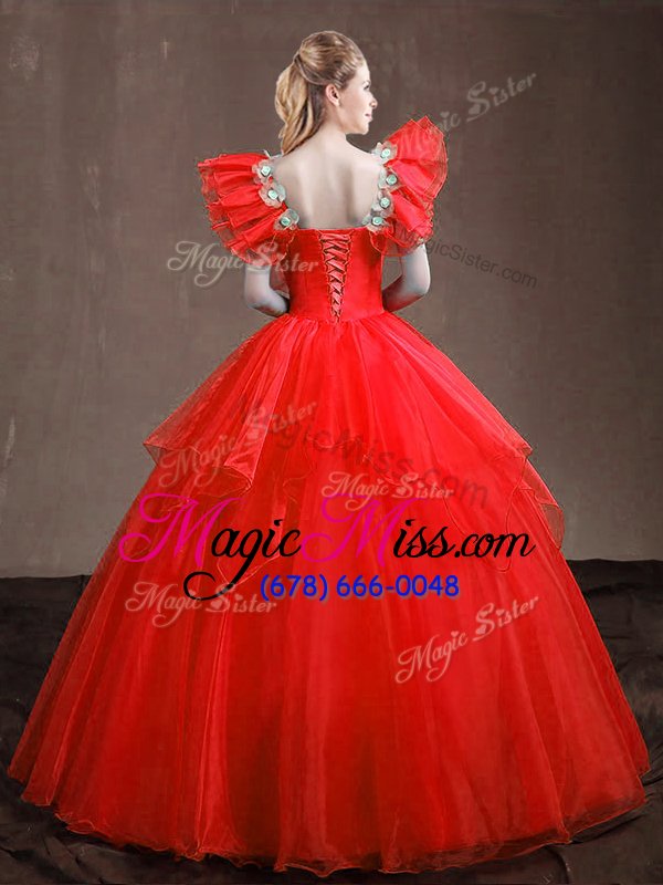 wholesale fashion red sleeveless organza lace up 15th birthday dress for military ball and sweet 16 and quinceanera