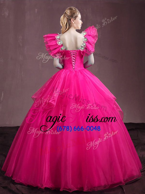 wholesale flare organza sleeveless floor length 15th birthday dress and appliques and ruffles