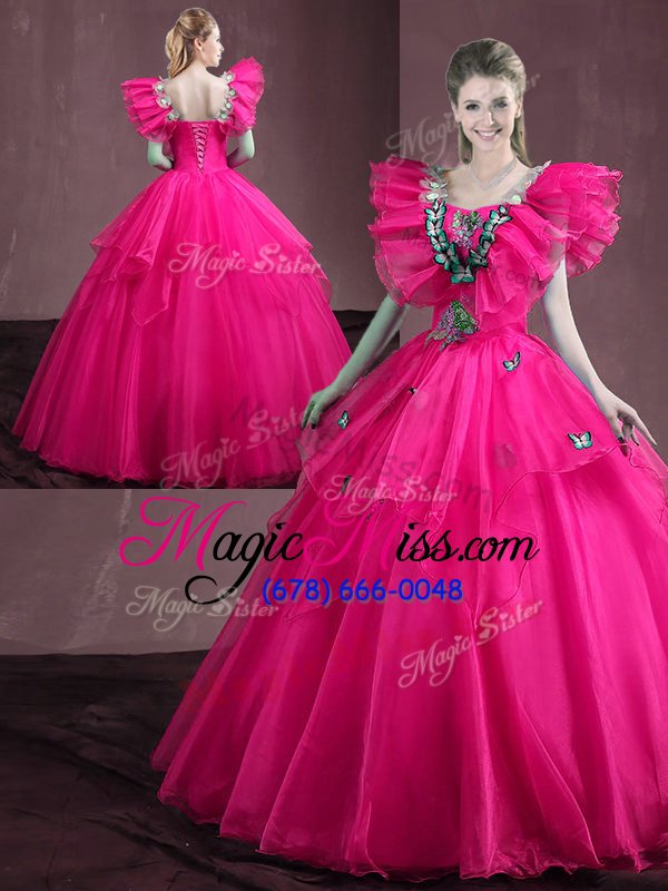 wholesale flare organza sleeveless floor length 15th birthday dress and appliques and ruffles