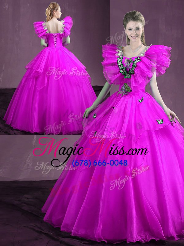 wholesale sweetheart sleeveless quinceanera dress floor length appliques and ruffles purple organza