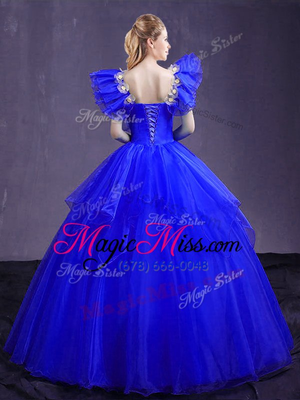 wholesale amazing royal blue sweetheart lace up appliques and ruffles quince ball gowns sleeveless